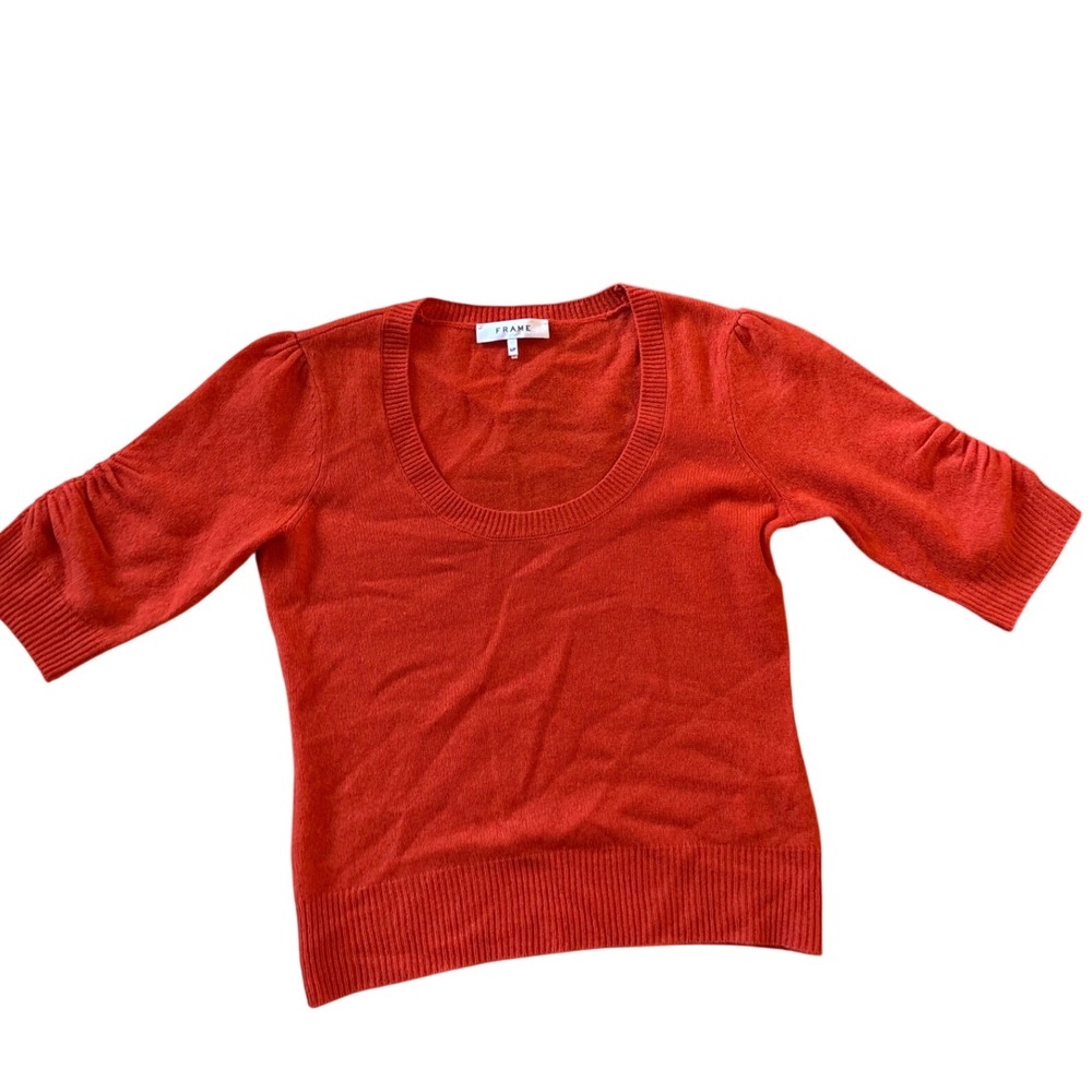 Frame Cashmere Ruched Sleeve Scoop Neck Sweater 3/4 Sleeves Top Size Small Red
